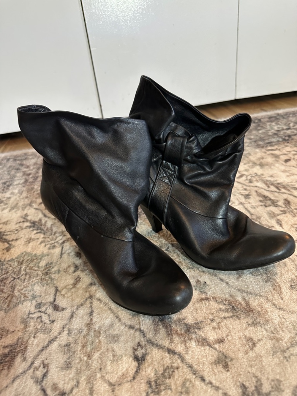 Black Leather Slouch Ankle Leather Boots - Women's Fashion Heels
